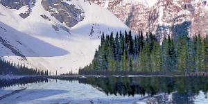 lake with snowy mountains